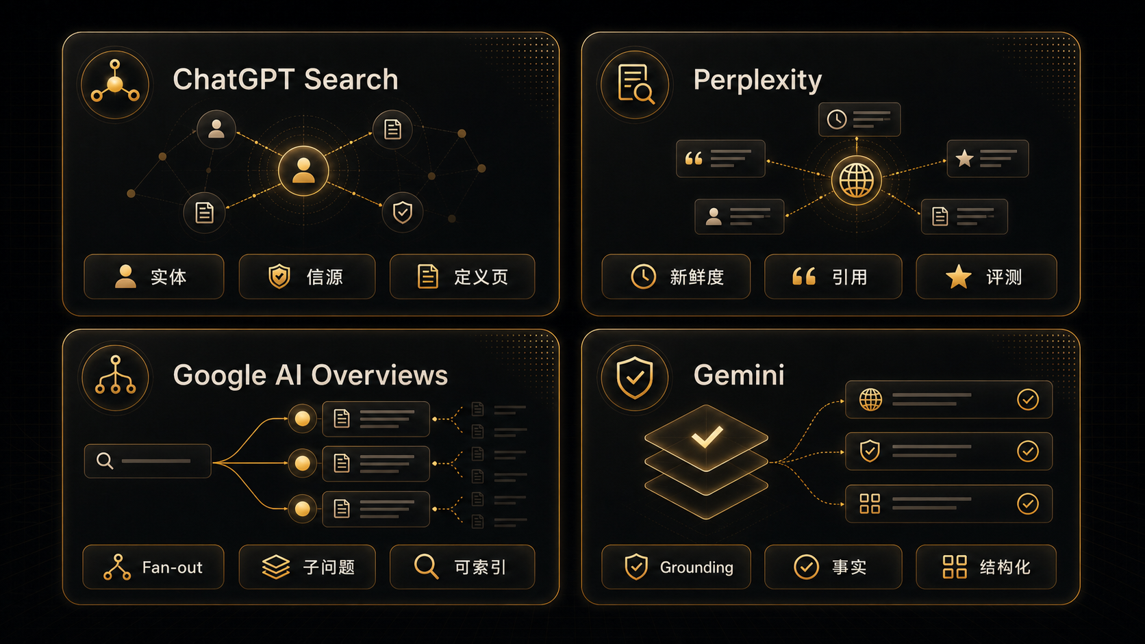四大 AI 引擎的 GEO 优化重点:ChatGPT、Perplexity、Google AI Overviews、Gemini